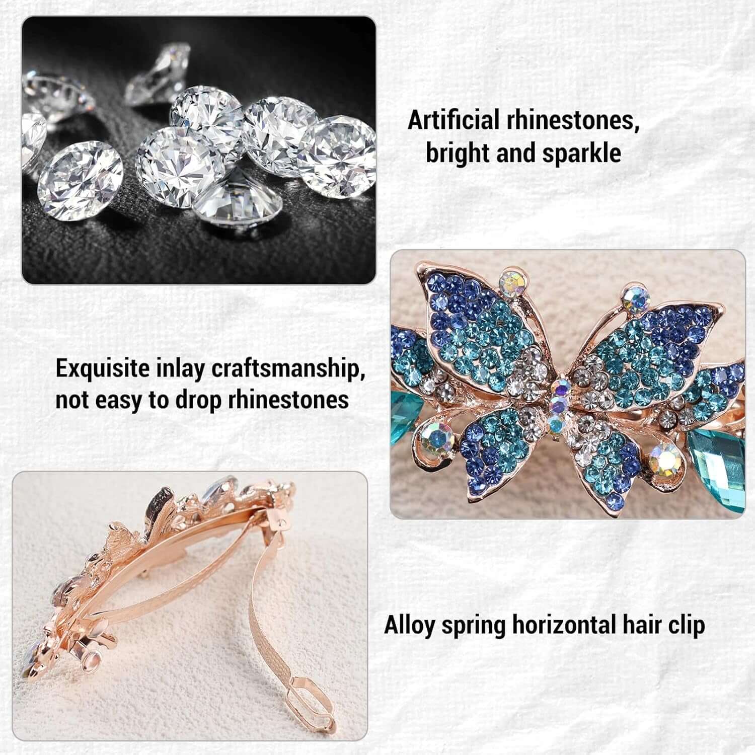 4Pcs Sparkling Rhinestone Hair Barrettes,Flower Pearl Crystal Hair Clip Butterfly Rhinestone Spring Hair Barrette Clip Alloy Press Button Ponytail Braid Plate Hair Barrettes for Women Accessories