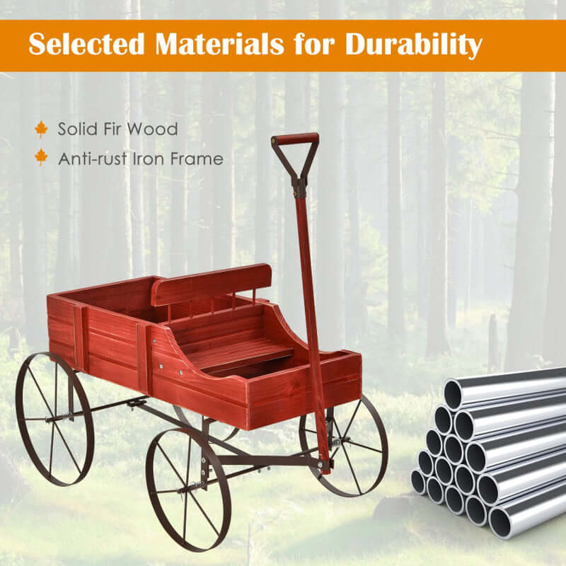 Charming Wooden Wagon Plant Bed with Durable Metal Wheels for Your Garden, Yard, or Patio