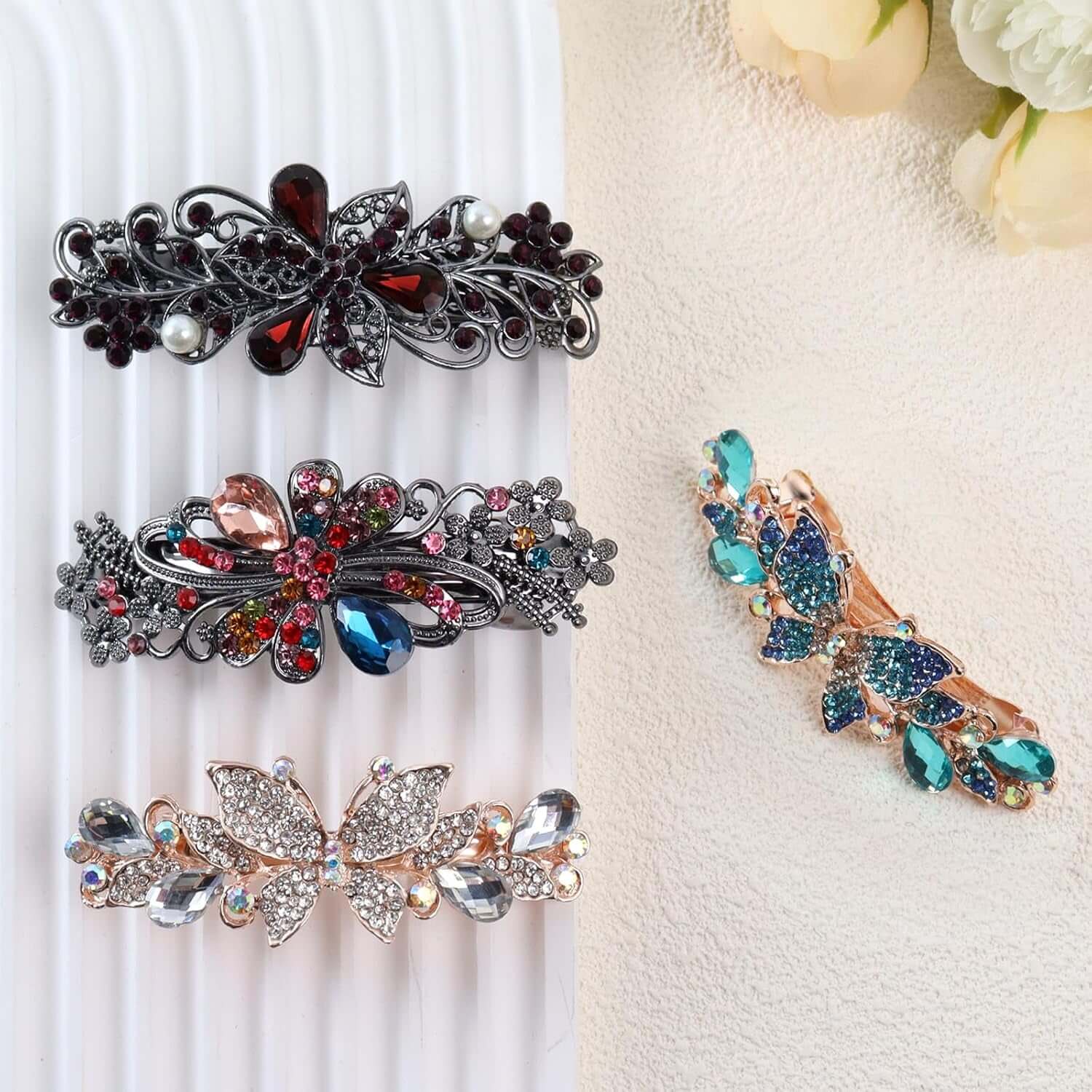 4Pcs Sparkling Rhinestone Hair Barrettes,Flower Pearl Crystal Hair Clip Butterfly Rhinestone Spring Hair Barrette Clip Alloy Press Button Ponytail Braid Plate Hair Barrettes for Women Accessories