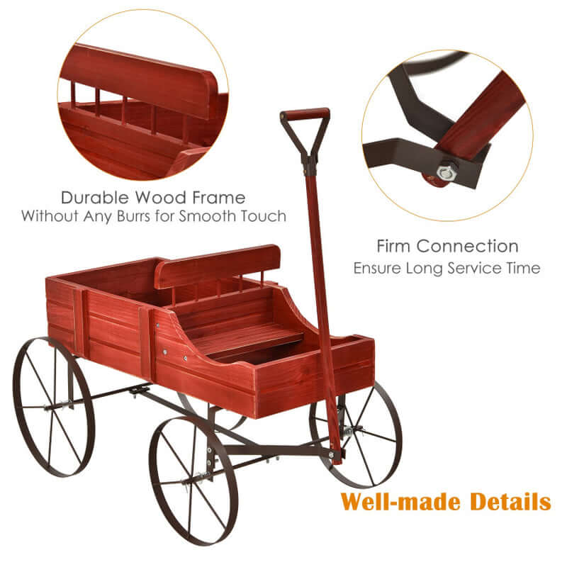 Charming Wooden Wagon Plant Bed with Durable Metal Wheels for Your Garden, Yard, or Patio