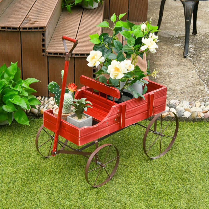Charming Wooden Wagon Plant Bed with Durable Metal Wheels for Your Garden, Yard, or Patio
