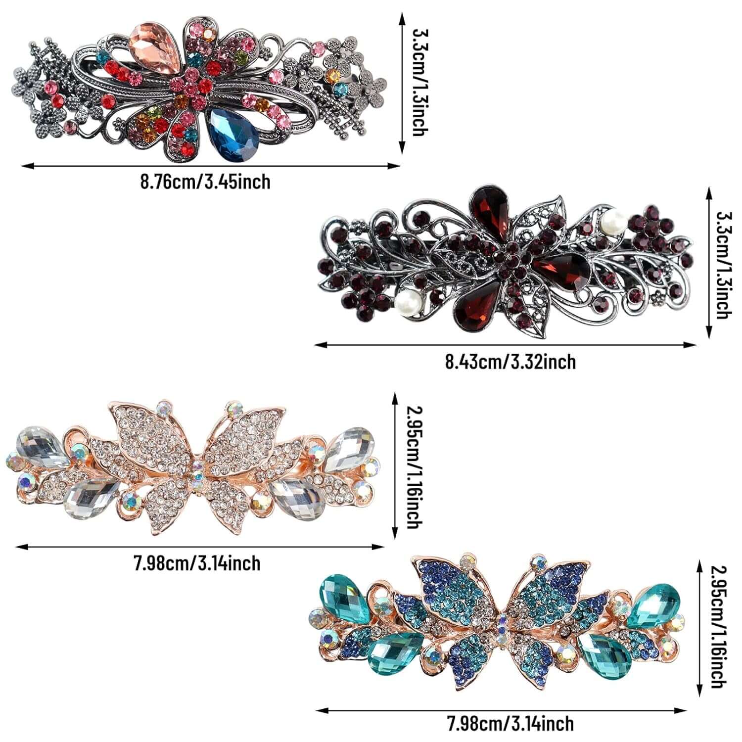 4Pcs Sparkling Rhinestone Hair Barrettes,Flower Pearl Crystal Hair Clip Butterfly Rhinestone Spring Hair Barrette Clip Alloy Press Button Ponytail Braid Plate Hair Barrettes for Women Accessories