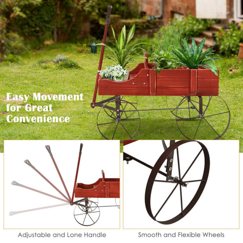 Charming Wooden Wagon Plant Bed with Durable Metal Wheels for Your Garden, Yard, or Patio