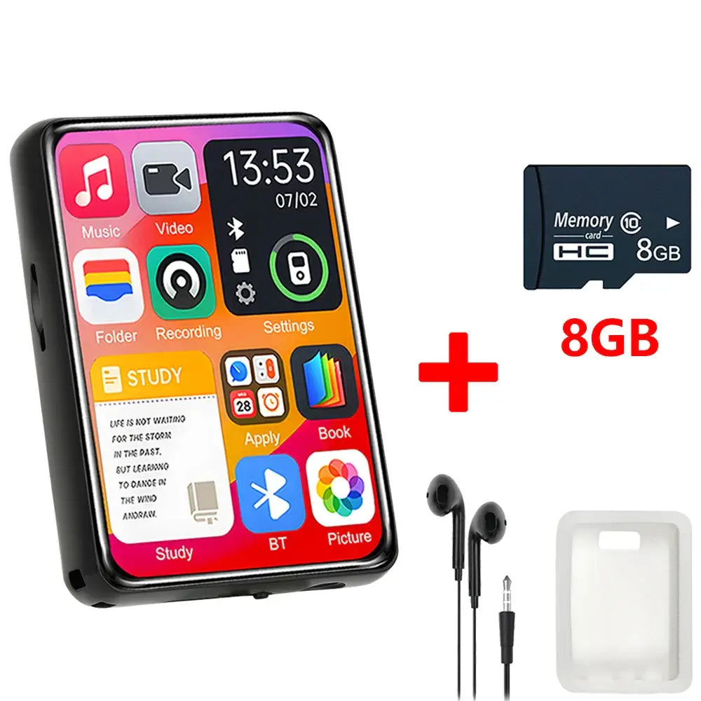 MP3 Player with 8GB memory card, wired earphones, and silicone case, featuring colorful touch interface for audio and e-book use.