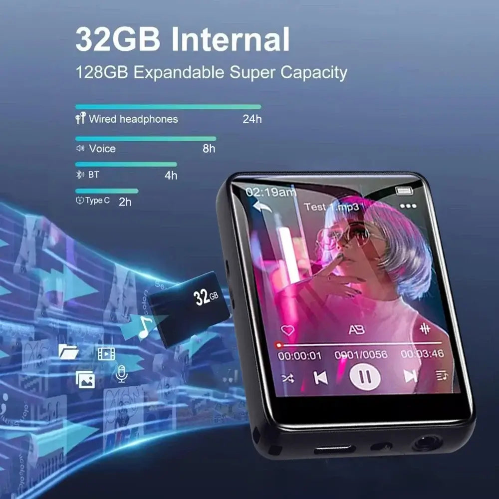 32GB internal memory MP3 Player with 128GB expansion, showing playback time for wired, Bluetooth, and voice modes with microSD slot.