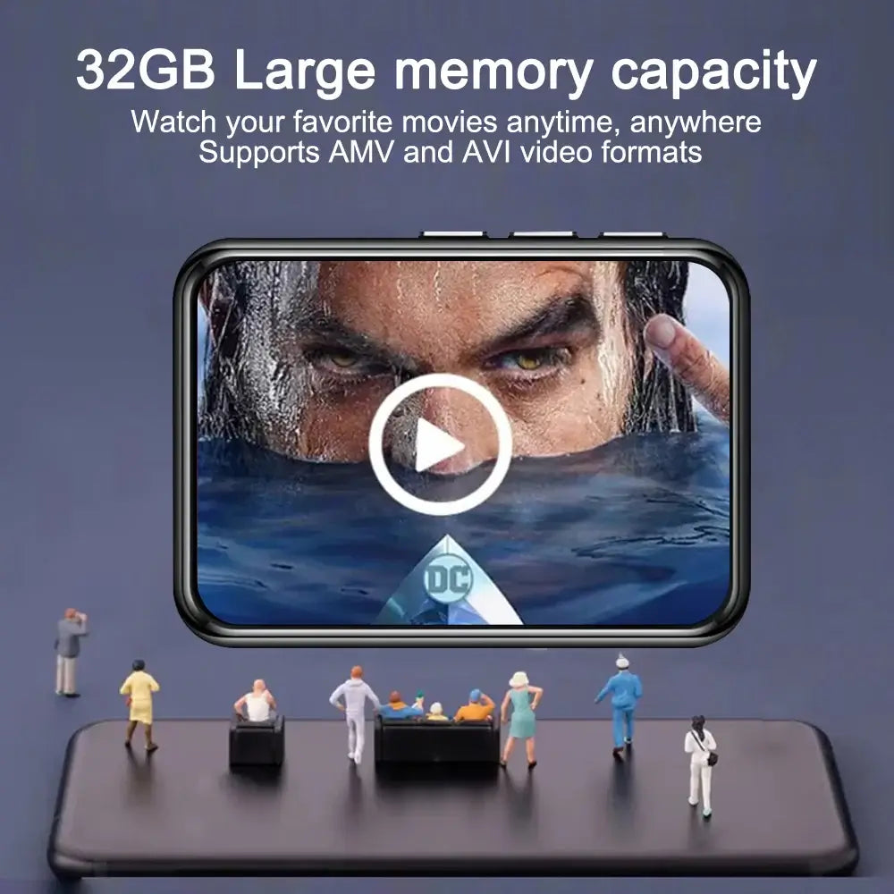 MP4 Player with 32GB memory supports AMV and AVI video formats, shown playing a movie with miniature figures for cinematic experience.