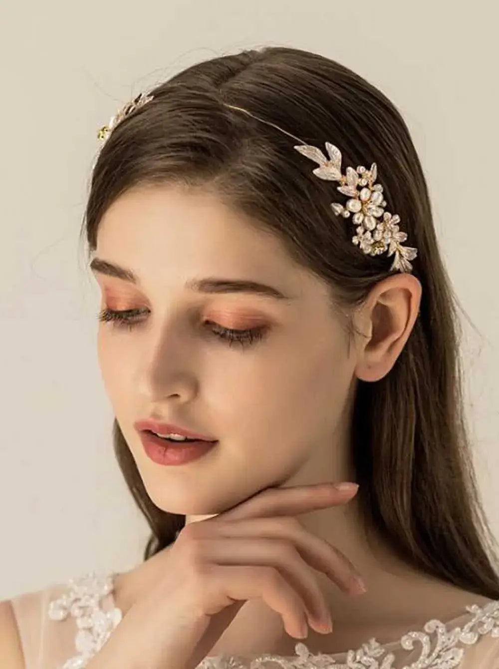 Princess Leaves Hair Accessories styled on brunette model with floral leaf design, ideal for weddings and elegant occasions.