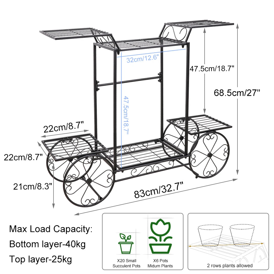 Dimensions and load capacity chart for 6 Tier Garden Cart Plant Holder. Shows max weight and plant arrangement guide for each tier.