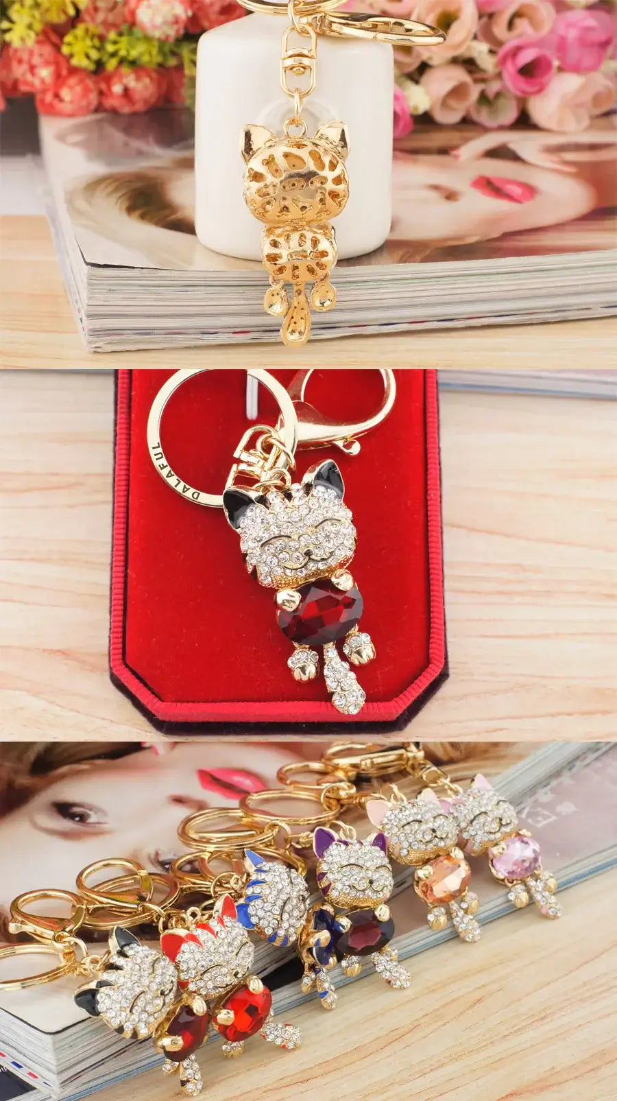 Lucky Smile Cat Crystal Rhinestone Key ring