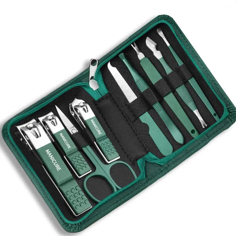 Compact 10-piece Nail Care Kit Stainless Steel - Portable Set in green zippered case. Includes clippers, scissors, file, and grooming tools.