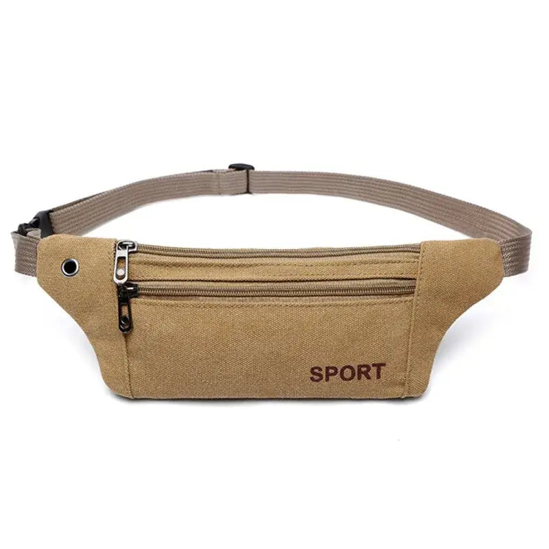 Khaki fanny bag waist pack labeled 'SPORT' with dual zippers and adjustable strap for casual hands-free wear.