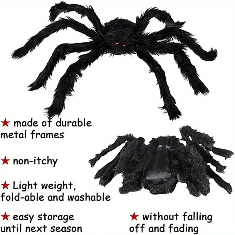 Durable Halloween Giant Black Spider Decoration with metal frame, foldable design, and washable plush. Lightweight and fade-resistant for seasonal reuse.
