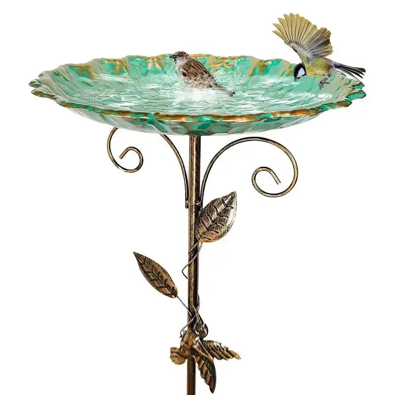 Birds bathing in the Metal Bird Bath Feeder with elegant leaf accents and a green textured bowl, ideal for outdoor decor.