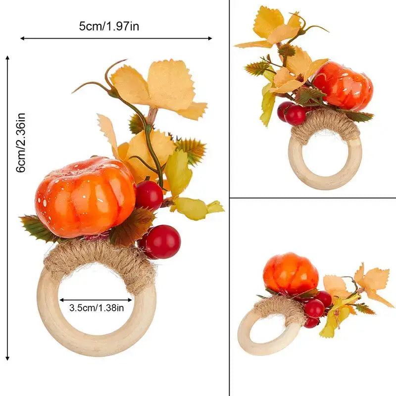 Detailed dimensions of a Halloween Pumpkin Napkin Ring with faux pumpkin, berries, and leaves on a wooden ring, perfect for seasonal decor.