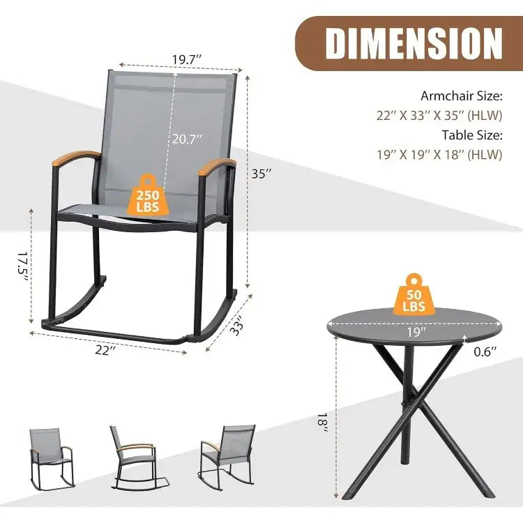 Dimensions of the 3 Piece Outdoor Rocking Bistro Set with chair size 22x33x35 inches and table size 19x19x18 inches, weight limits shown.