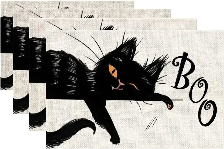 Halloween Table Placemats - Linen 4PCS with black cat and 'Boo' design. Fun and spooky addition to Halloween dining setup.