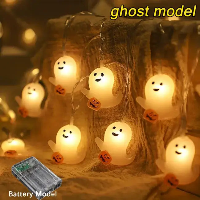 Ghost model Halloween LED string lights with smiling ghosts holding pumpkins. Battery-powered for safe decor.