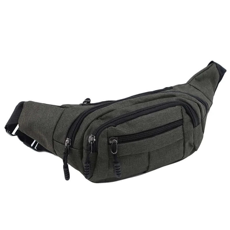 Dark green fanny bag waist pack with multiple zippered compartments for organized, hands-free convenience.