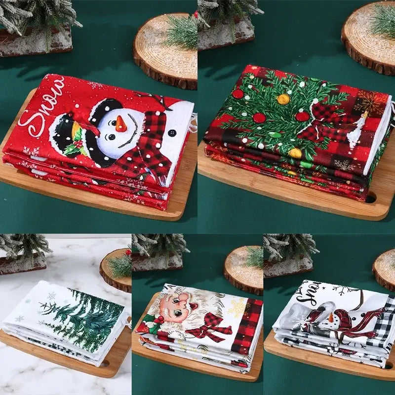 Two-piece Christmas dish towel set with plaid tree and 'Merry Christmas' text. Cotton towels sized 40x48cm for kitchen use.