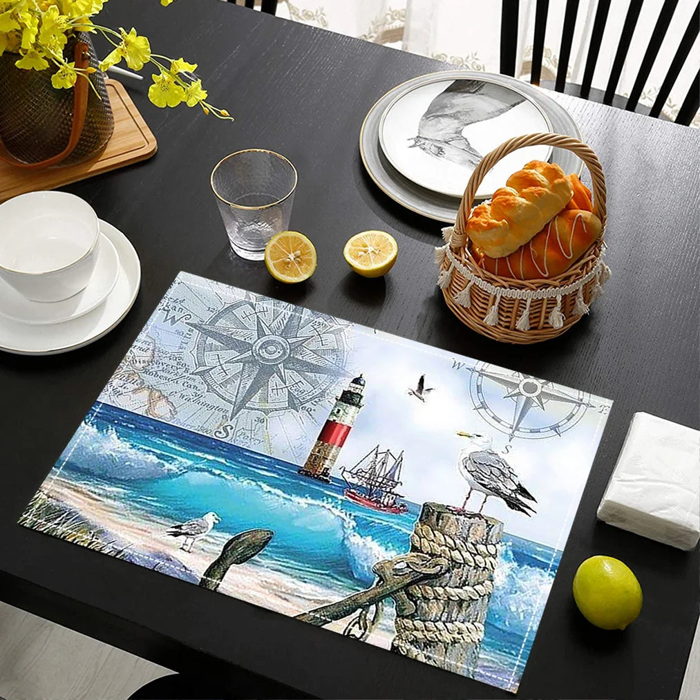 Linen Placemats Nautical - Stylish Dining Table decor featuring a seagull, lighthouse, and ocean waves on a black table setting.