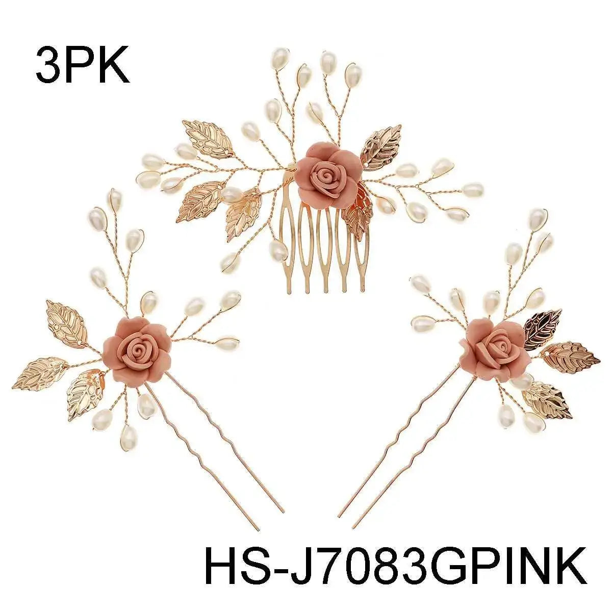 Rose gold 3PK Handmade Flower Hair Pin Set with peach roses and pearl accents, perfect for romantic or vintage-inspired hairstyles.