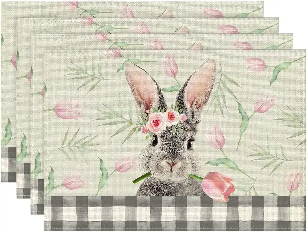 Easter placemats with a cute bunny wearing a flower crown, surrounded by tulips and greenery. Great for springtime meals.