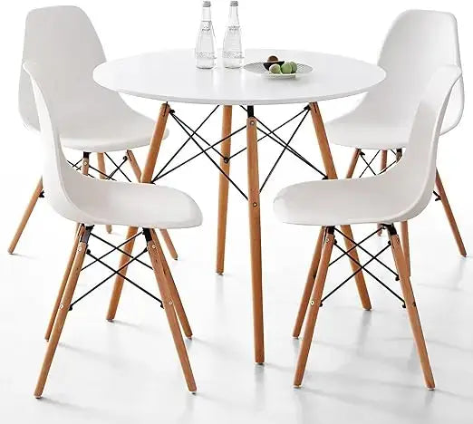 Modern 5-piece round dining table set in white with wooden legs, ideal for compact dining areas and contemporary interiors.