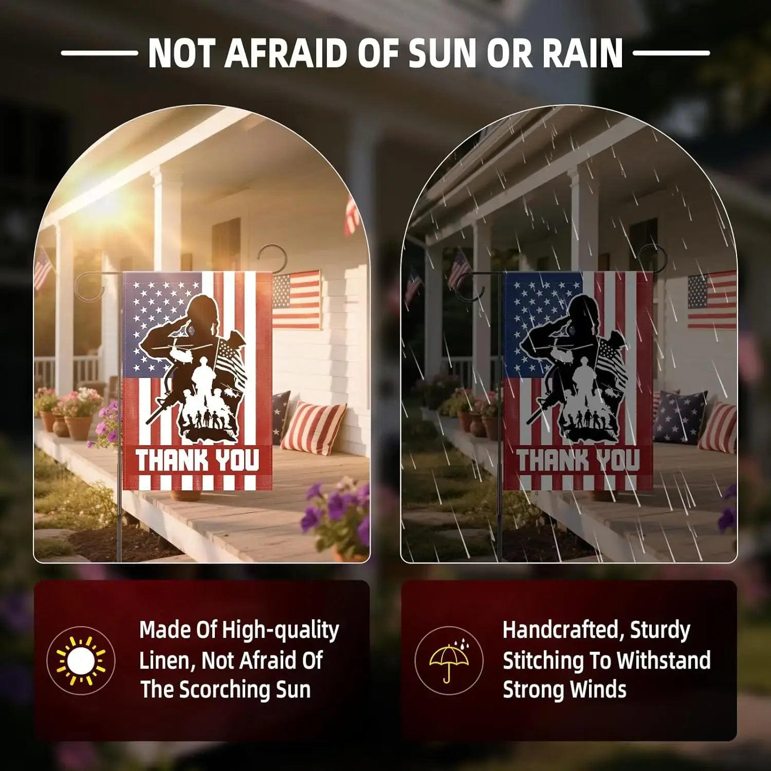 Durable Memorial Day Flag 12x18 withstands sun and rain, made of high-quality linen with strong stitching for long-lasting outdoor display.