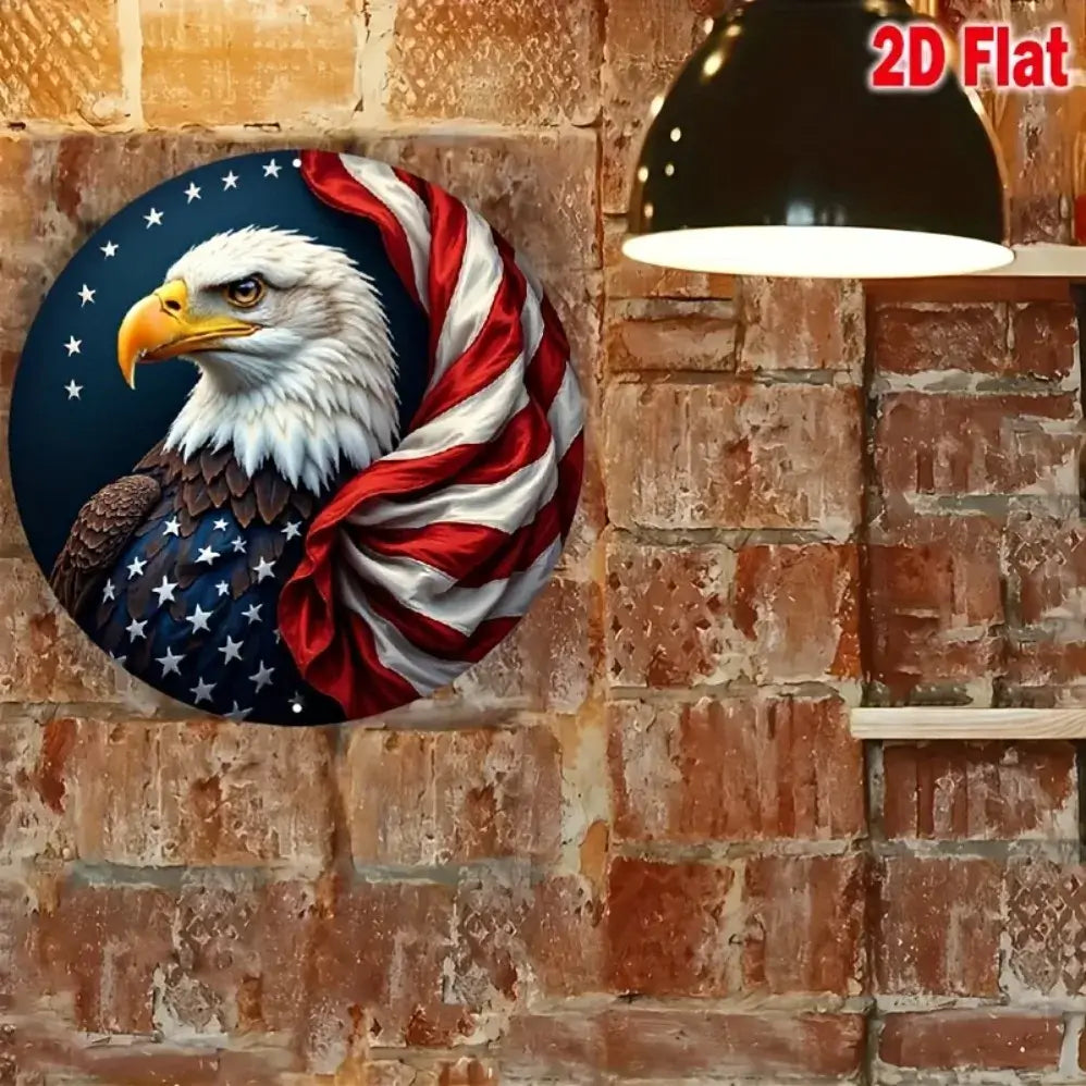 Vintage Eagle Wall Art - Aluminum 2D Sign mounted on brick wall under lamp, ideal for patriotic home or man cave decoration.