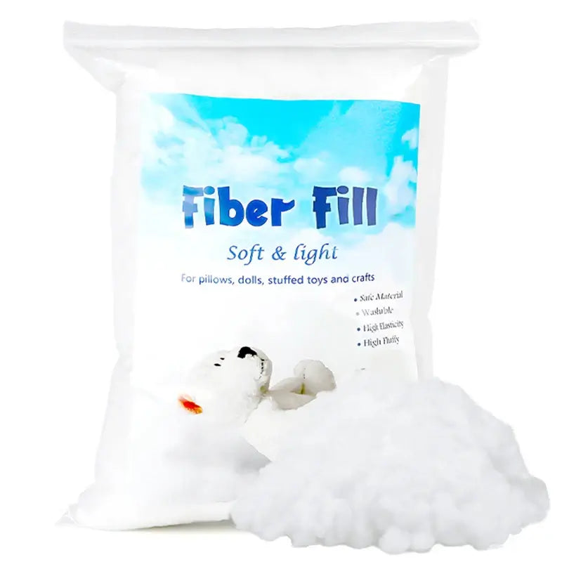 KRABALL Polyester Fiberfill Stuffing 50g bag labeled 'Fiber Fill Soft & Light' for dolls, pillows, and crafts. Soft, fluffy, and high resilience.