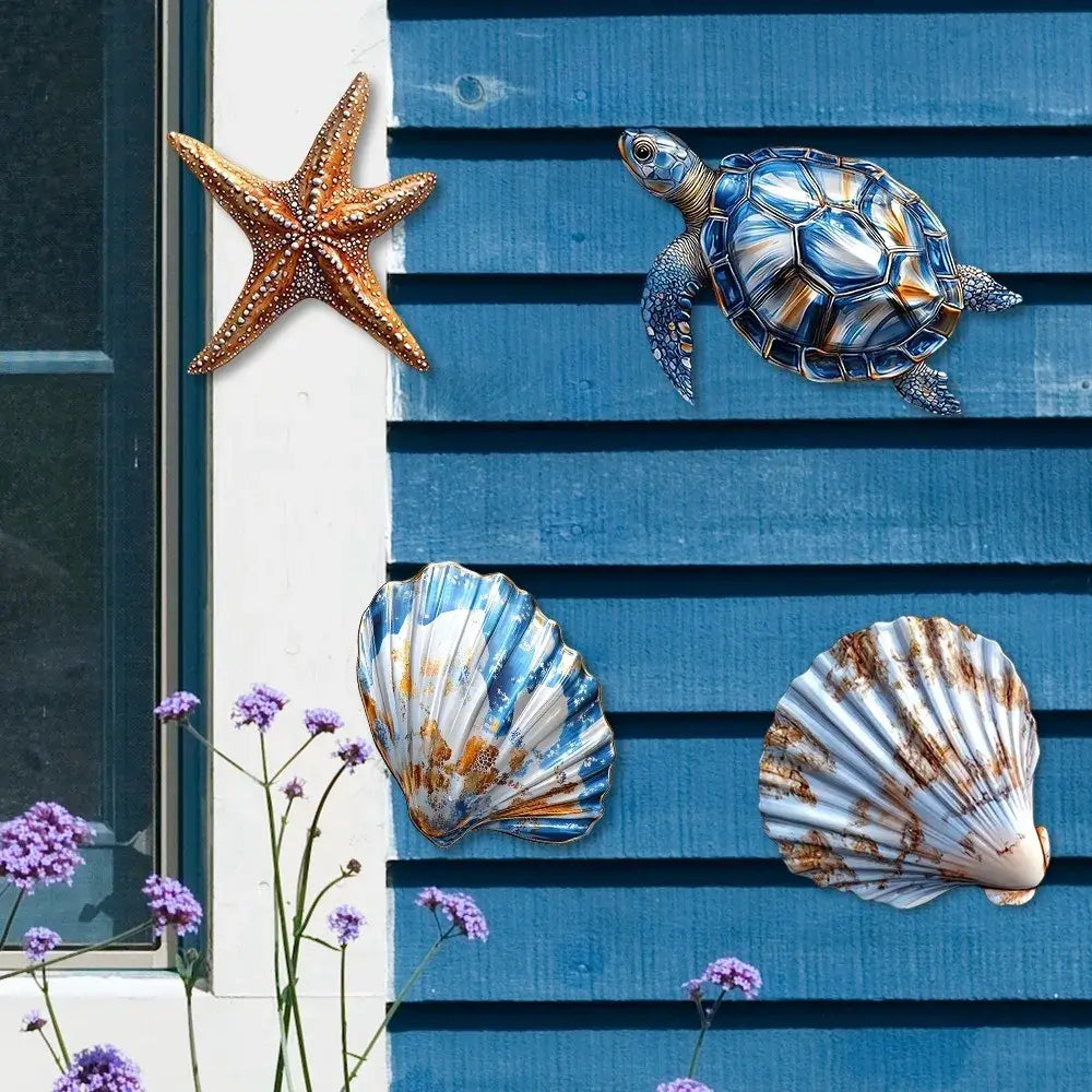 Wooden ocean decorations featuring a starfish, turtle, and seashells mounted on a blue exterior wall. Ideal for beach house decor.