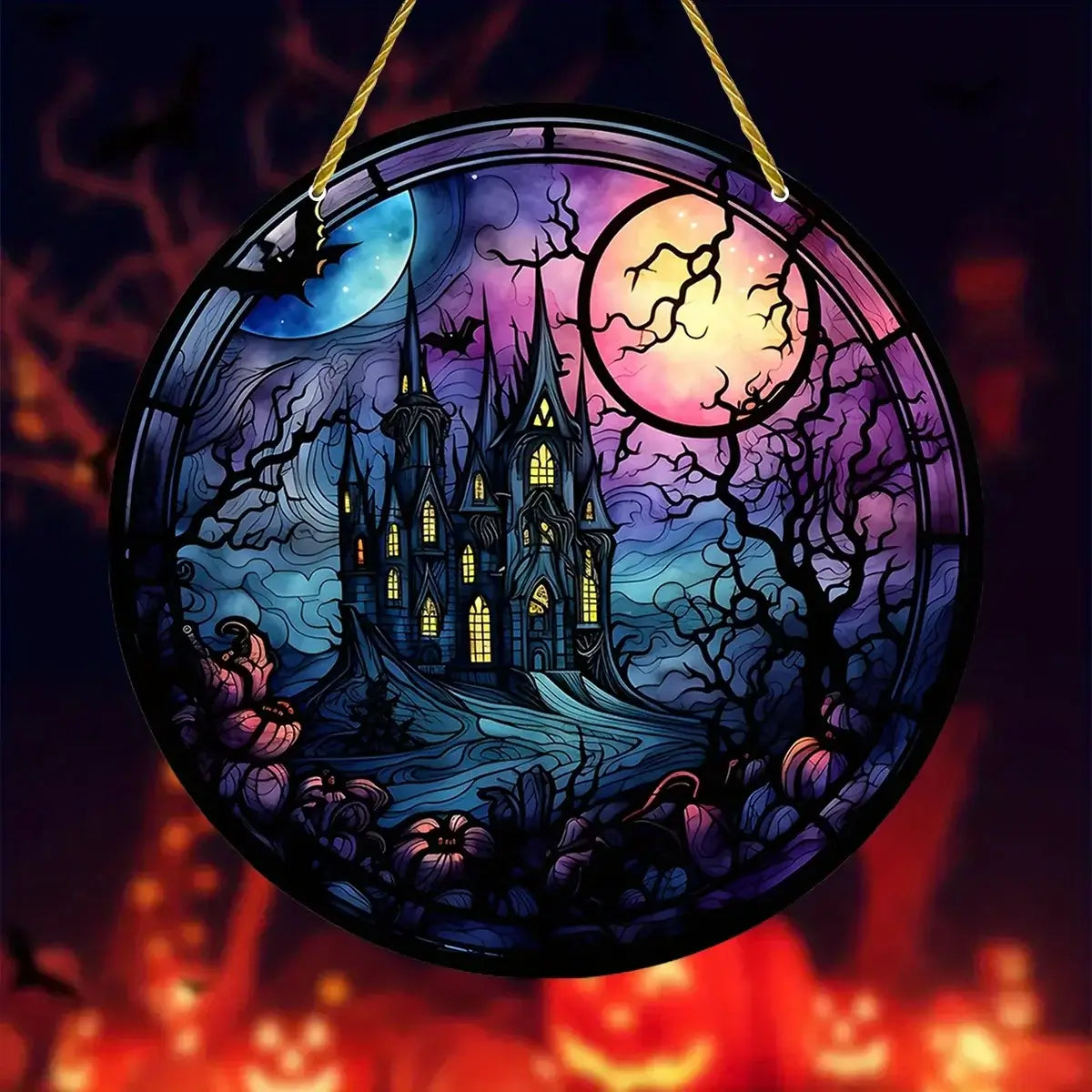 Spooky haunted castle Halloween window decoration with glowing windows and eerie moonlight, perfect for Halloween ambiance.