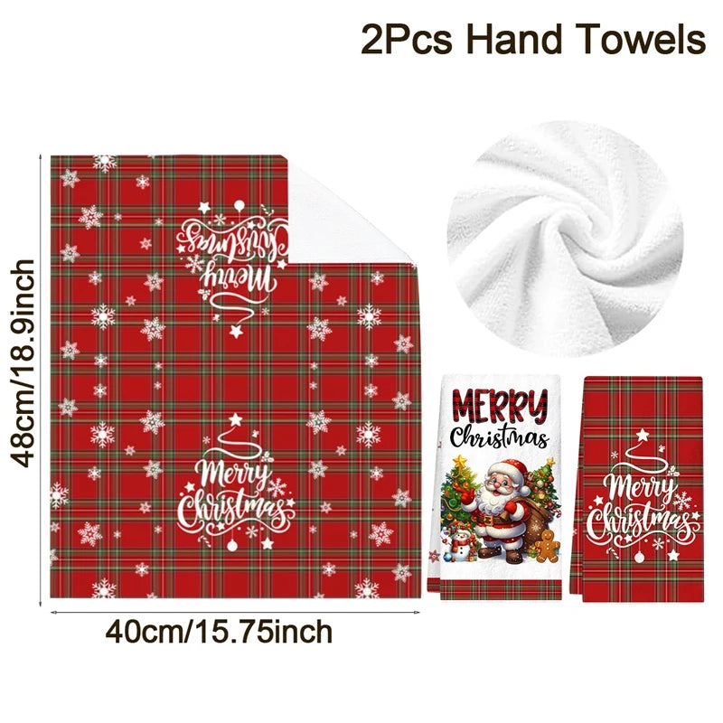 2pcs Christmas Kitchen Dishtowels featuring Santa and snowman designs with red plaid and festive text, ideal for holiday kitchen décor.