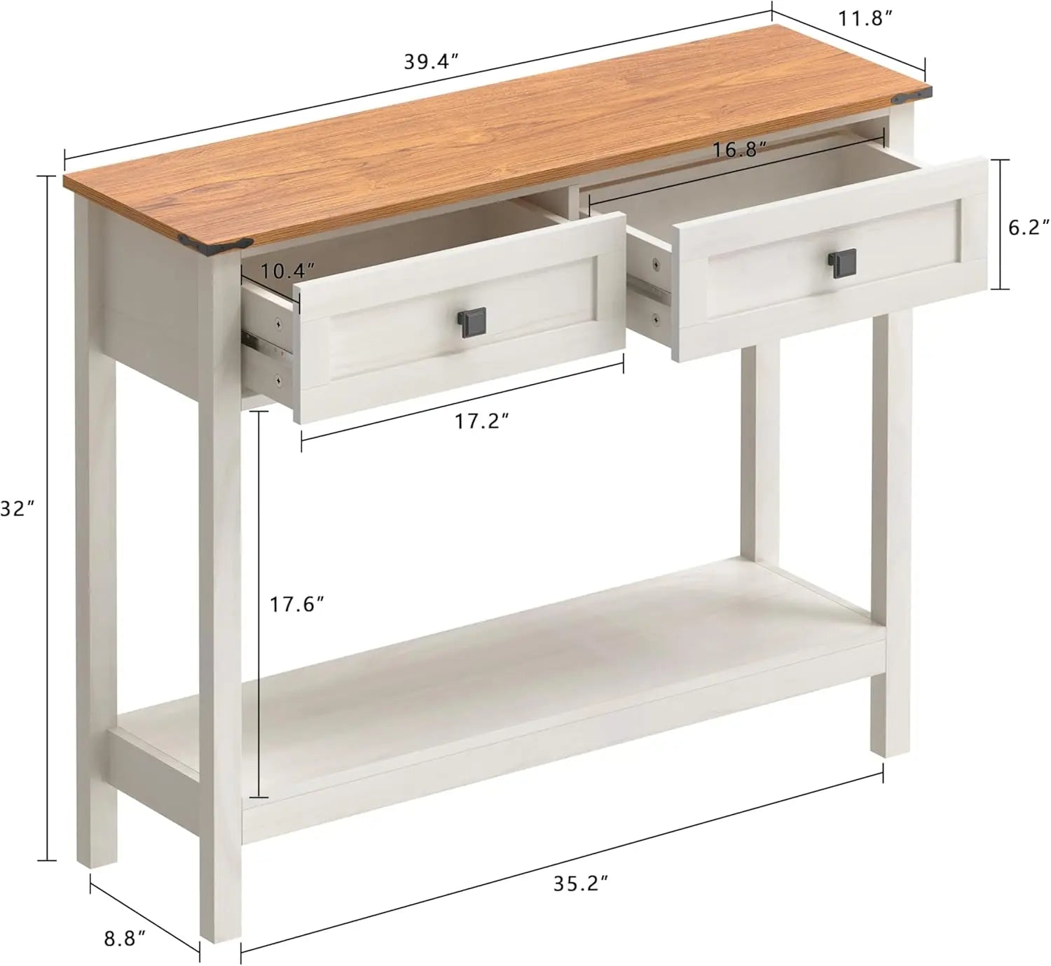 Console Table with 2 Drawer for Entryway shown with dimensions. Slim profile and spacious drawers ideal for compact entryway storage.
