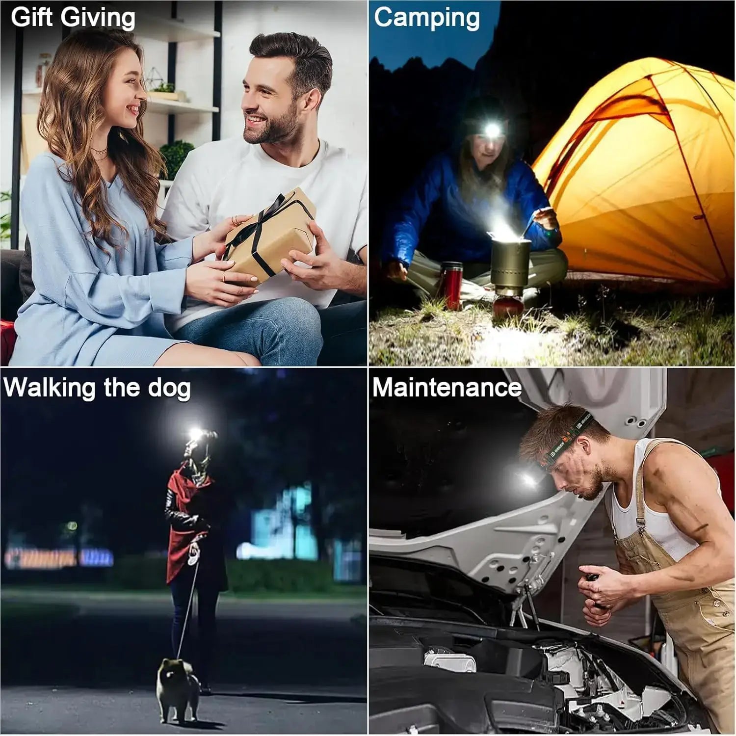 Rechargeable Motion Sensor Headlamp with LED light used for gift giving, camping, dog walking, and car maintenance. Versatile for various activities.