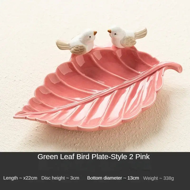 Pink ceramic leaf jewelry tray with bird figurines, Style 2 Pink, perfect for organizing small beauty accessories.