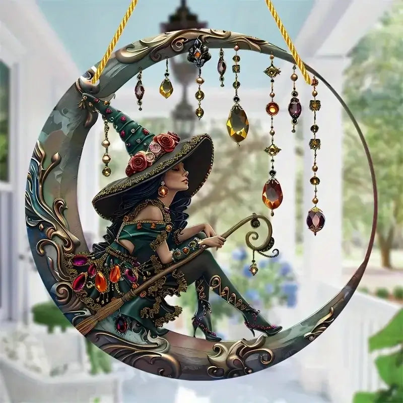 Detailed Witch Acrylic Window Decoration with a witch on a crescent moon and gemstone accents, ideal for Halloween-themed home decor.