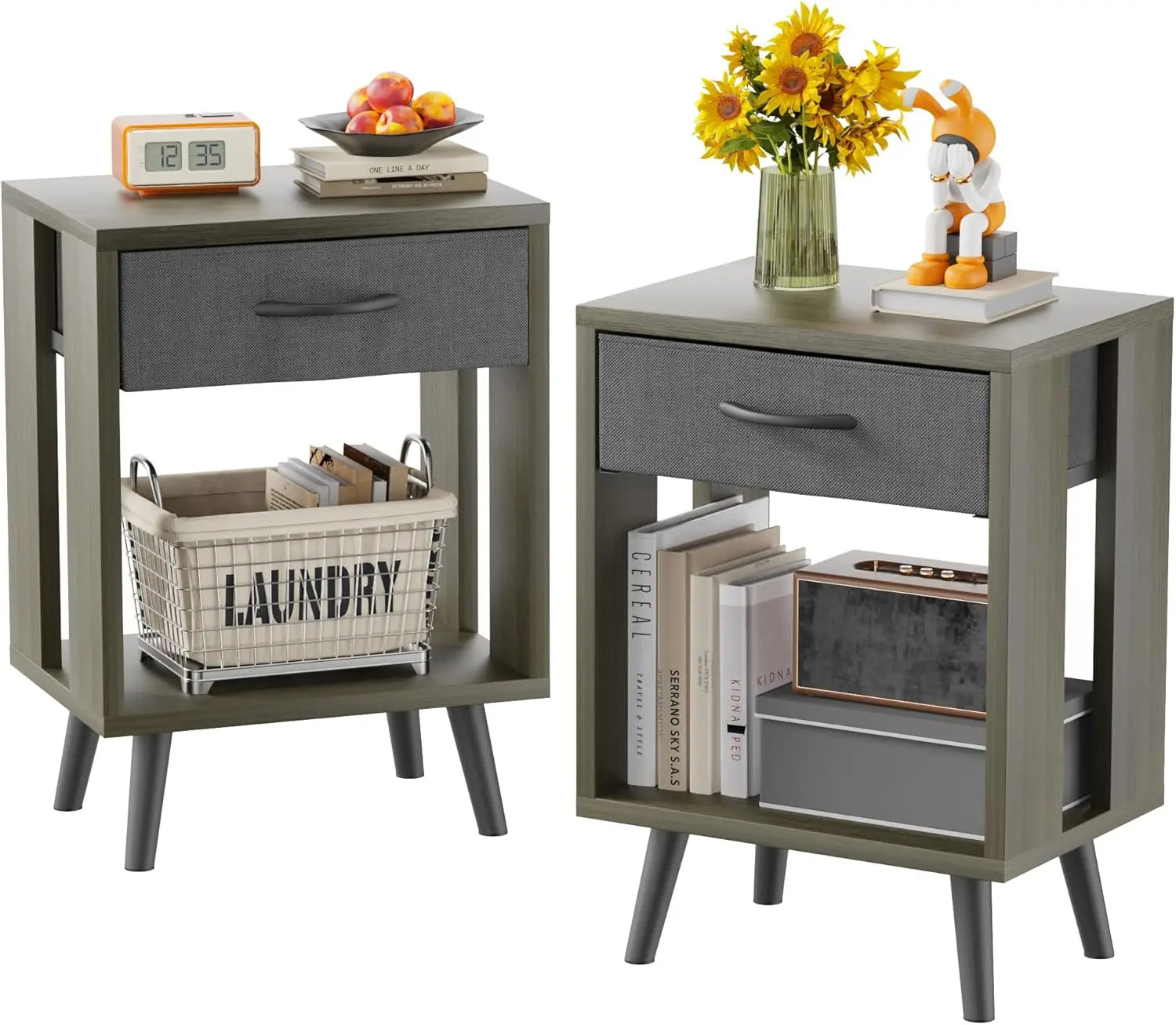 Gray rustic nightstand set of 2 with dark fabric drawers and open shelves. Stylish and functional furniture for modern bedrooms.