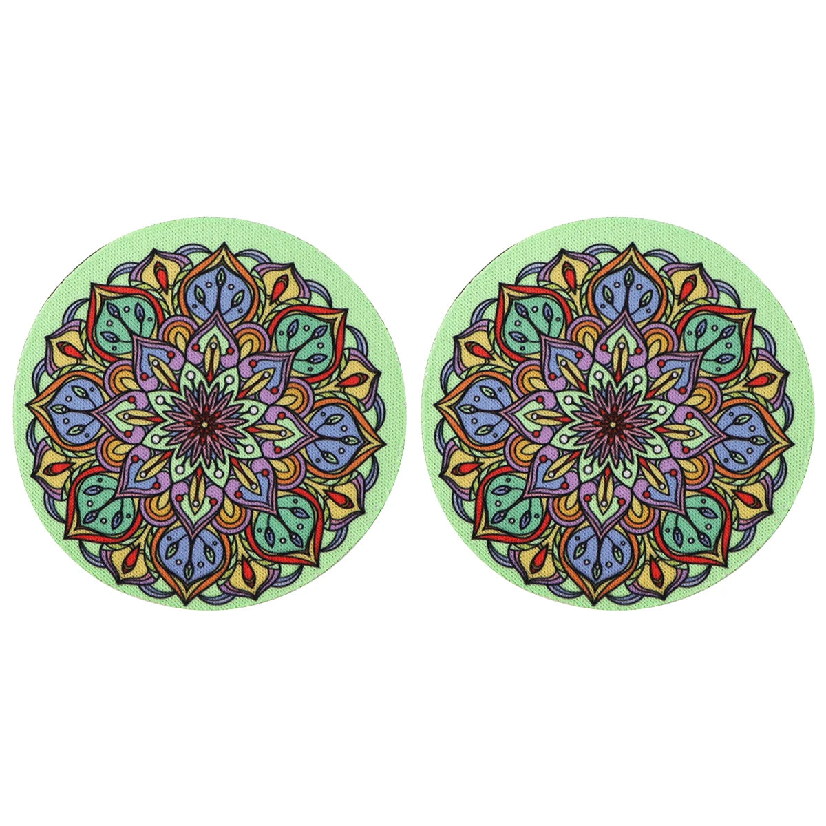 Set of two green and purple floral Vintage Mandala Car Cup Mats, perfect for enhancing car decor with a soft, artistic touch.