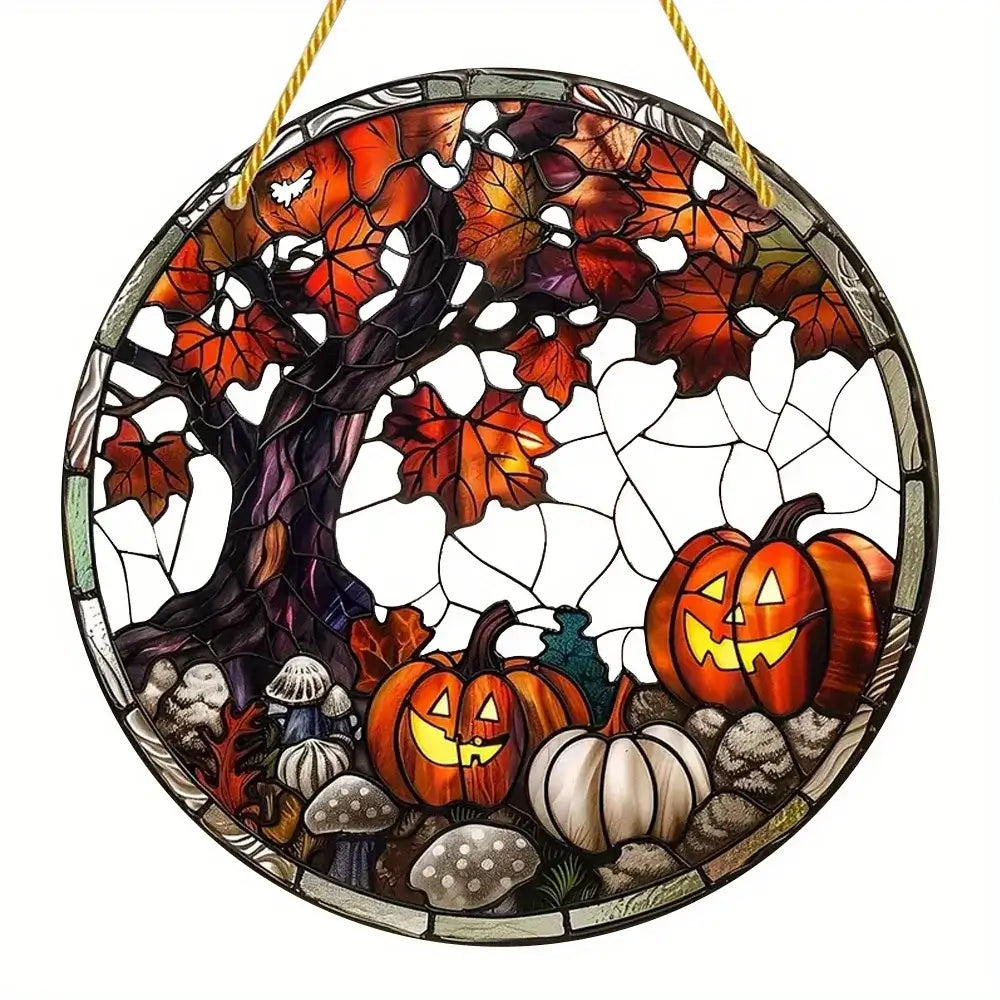 Pumpkin patch and autumn tree Halloween window decoration in stained glass style, perfect for festive seasonal displays.