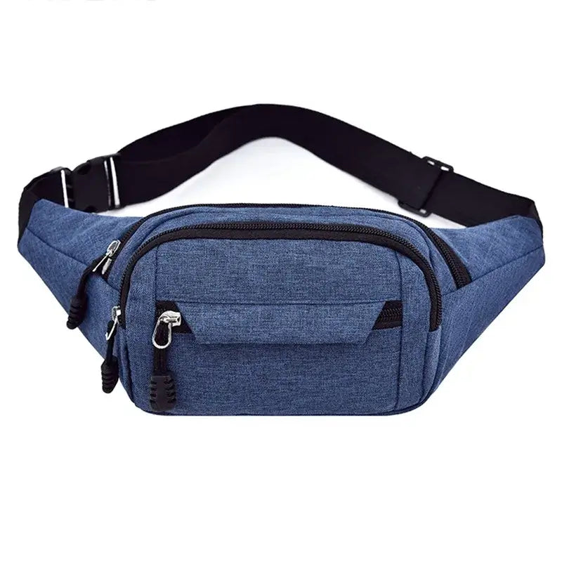 Blue fanny bag waist pack with black adjustable strap and zippered compartments for secure daily use.