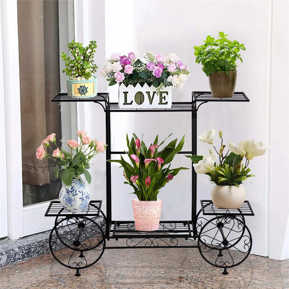 6 Tier Plant Holder Cart showcasing colorful flowers and herbs on a vintage-style black metal stand. Perfect for home garden decoration.
