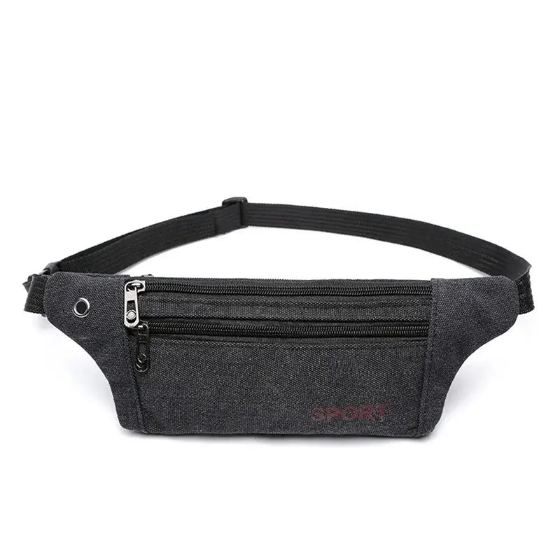 Black slim fanny bag waist pack labeled 'SPORT' with dual zippers and compact design for daily use.