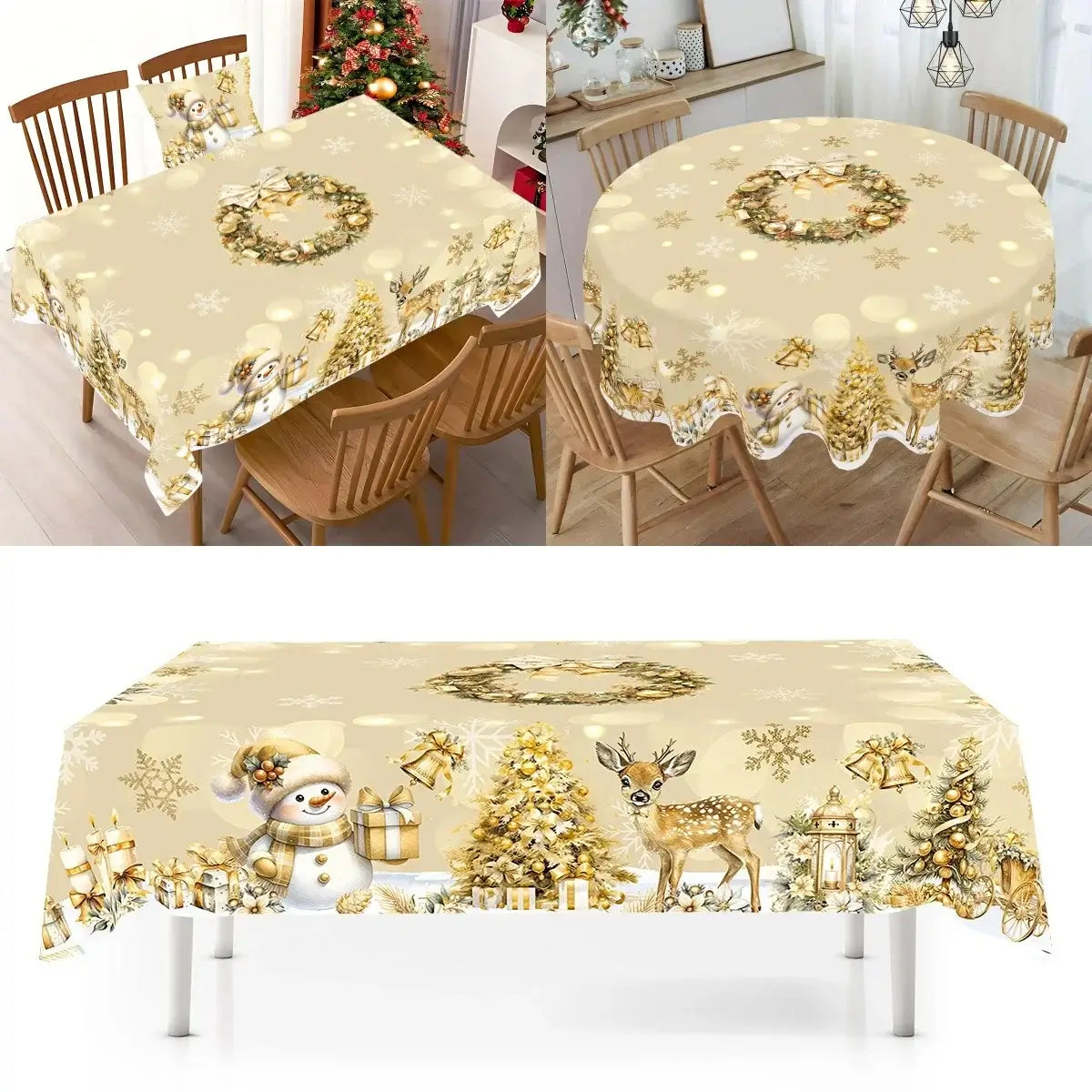 Golden Christmas tablecloth with snowman and elk design on rectangular and round tables. Ideal for festive dining, made of easy-clean polyester.