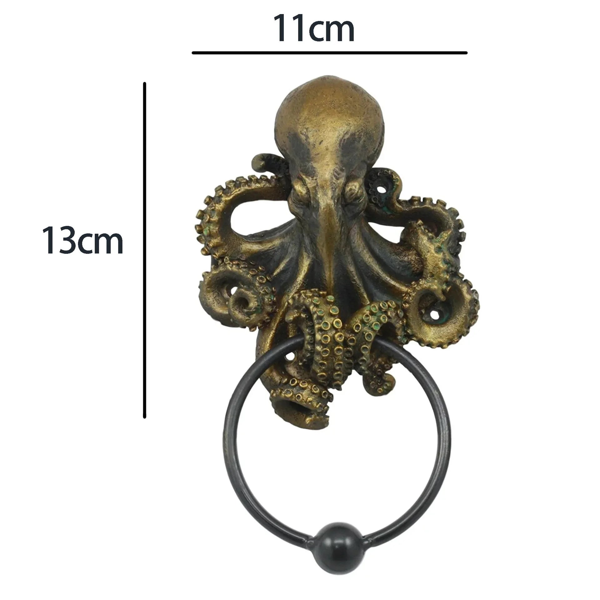 Octopus skull resin door knocker with 13cm x 11cm dimensions, featuring detailed tentacles and black iron ring for gothic entryway hardware.