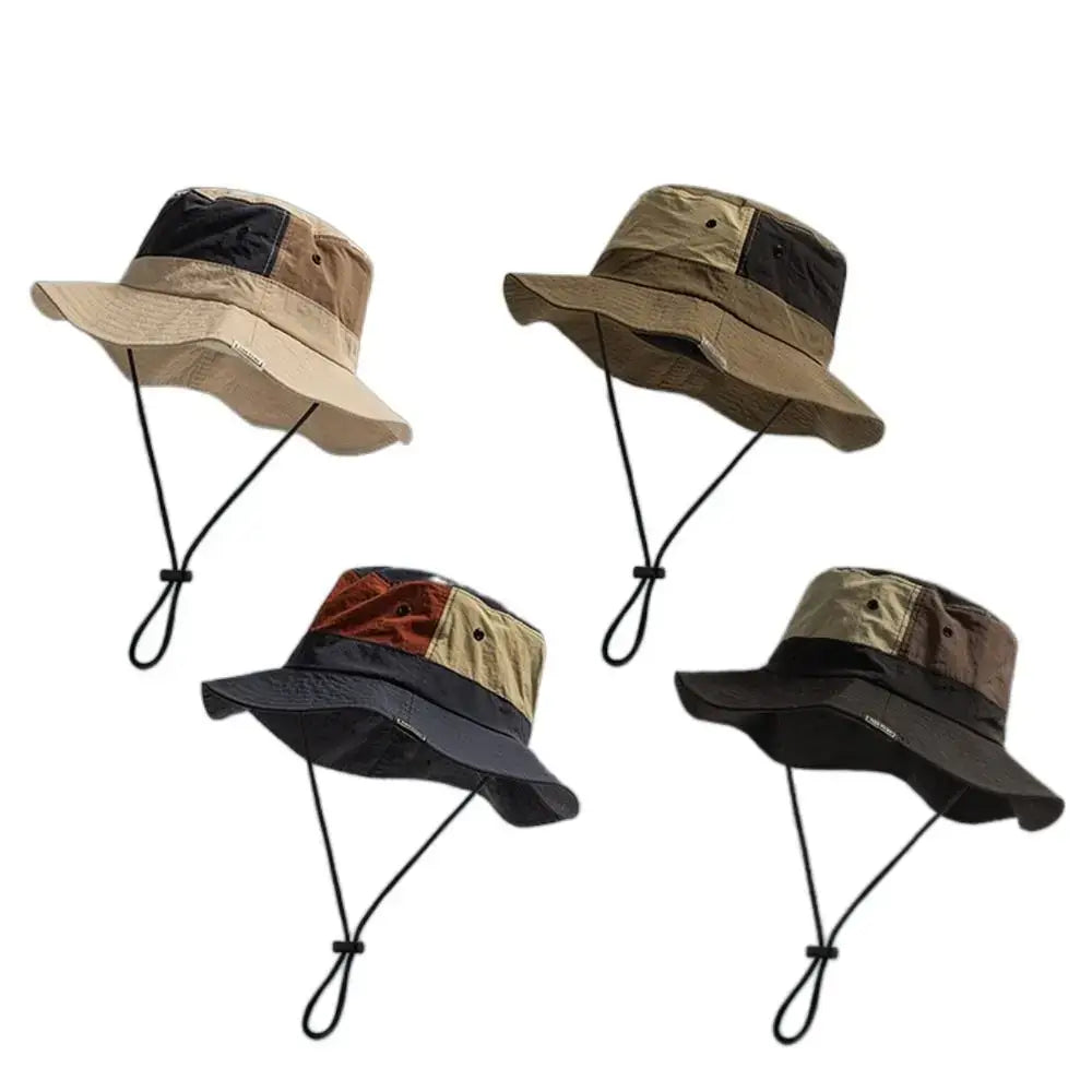 Four color variations of Sun Protection Bucket Hat - Quick-dry with adjustable chin cords. Lightweight and UV-blocking for outdoor wear.