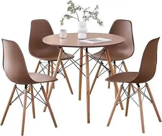 Brown 5-piece round dining table set with matching chairs and wood legs, perfect for cozy kitchen or dining room settings.