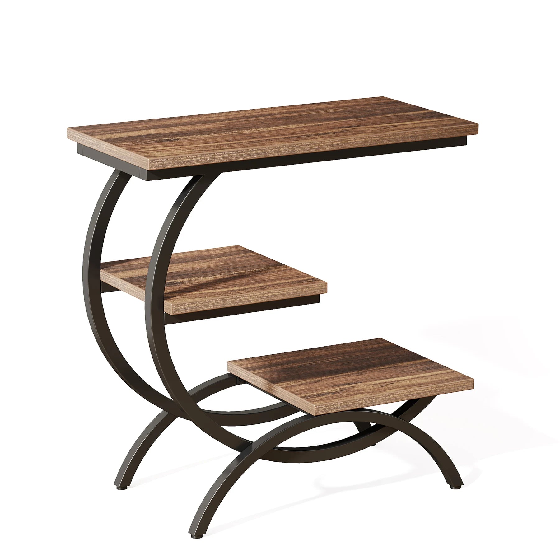 Standalone view of 3-tier C-shape end table with rustic wood finish and matte black metal frame, ideal for small spaces.