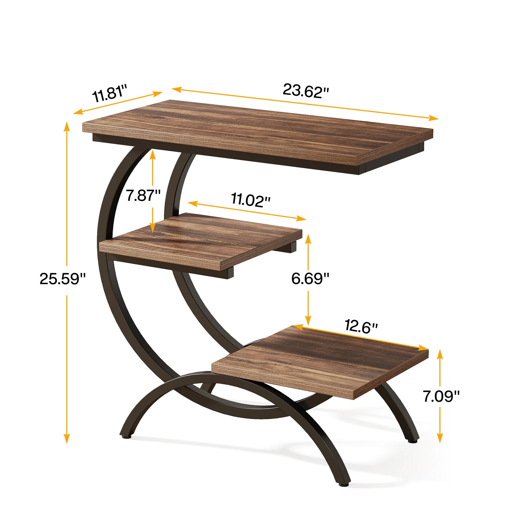 Dimensions of 3-tier industrial couch table with wood shelves and black metal frame, showing height and shelf measurements.