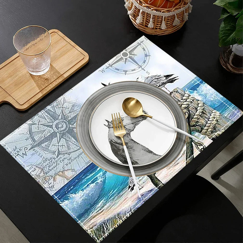 Linen Placemats Nautical - Stylish Dining Table linen with ocean and compass print, enhancing modern table settings with coastal charm.